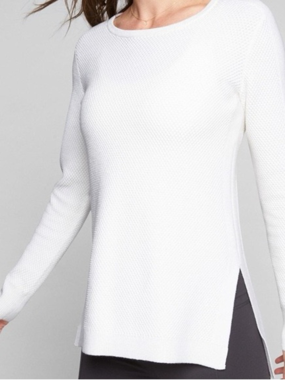 Athleta White Waffle Knit Merino Wool Blend Textured Long Sleeve Tunic Sweater
